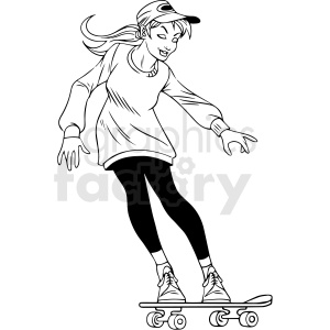 black and white cartoon female skateboarder vector illustration clipart.
