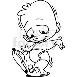black and white cartoon baby wearing mouse slippers vector clipart .