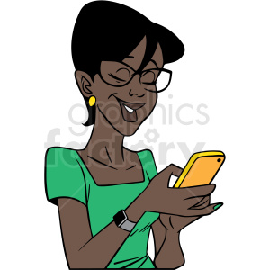 clipart - african american female laughing at her phone vector clipart.