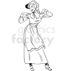 clipart - black and white realistic female pilgrim posing vector clipart.