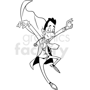 clipart - black and white cartoon doctor jumping into action vector clipart.