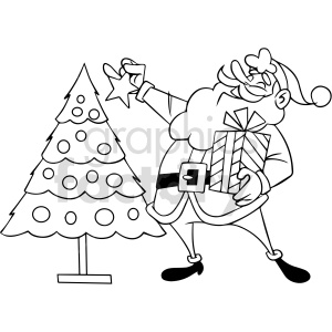 black and white cartoon Santa Clause decorating tree clipart .