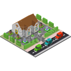 church with parking lot isometric vector graphic clipart.