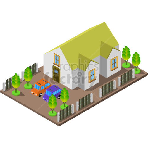 isometric house with cars parked clipart .