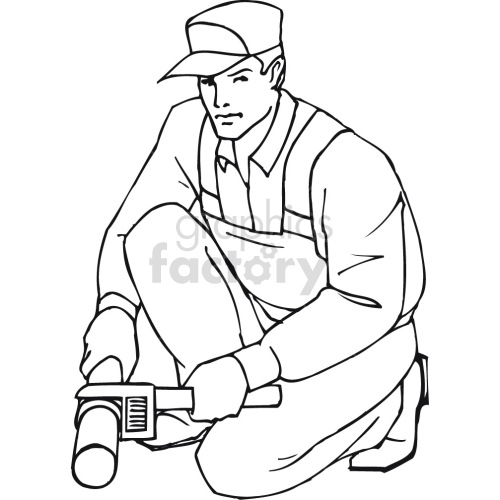 plumber working with pipe wrench black white clipart.