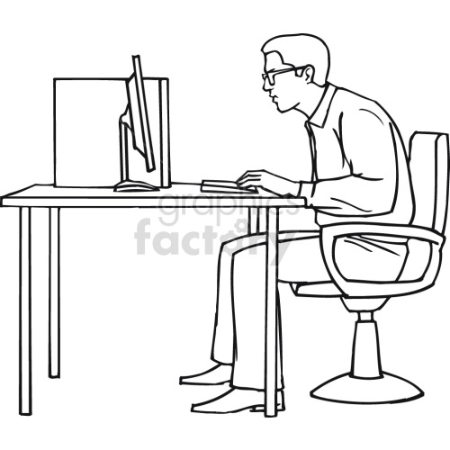 software engineer sitting at computer black white clipart.