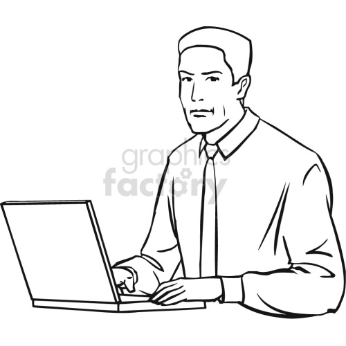 man working at laptop black white clipart.