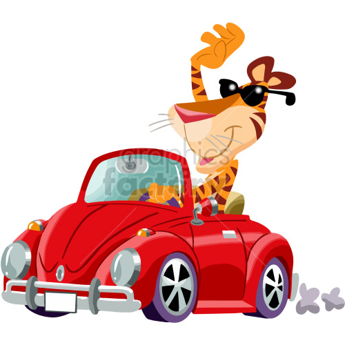 cartoon tiger driving red car clipart .