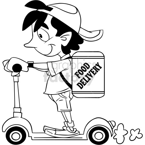 black and white cartoon food delivery on scooter