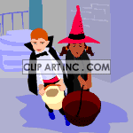 Animated trick or treaters dressed as a vampire and a witch clipart.