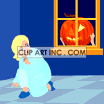 Animated halloween pumpkin in the window of a little girls bedroom clipart.