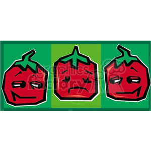 Two happy-faced tomatoes with one sad tomato clipart. Commercial use image # 128738