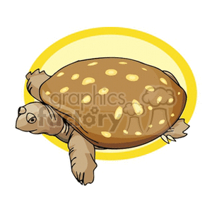 The clipart image depicts a cartoon of a sea turtle. The turtle has a large, oval-shaped shell with spots, and its fins are stretched out as if it is swimming. The background consists of a simple yellow circle giving a slight impression of the sun or a spotlight.