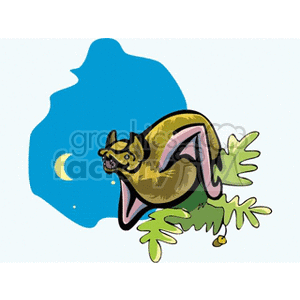 Vampire bat resting in leafy foliage against a crescent moon clipart.