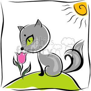 Cute cartoon gray fluffy cat smelling a pink tulip