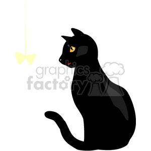 Black cat looking at yellow string toy
