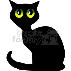 Seated black cat with spooky green eyes