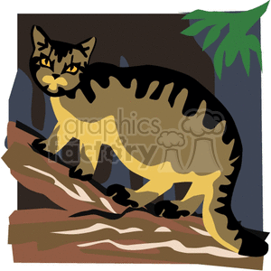 Enormous tabby cat walking up a branch of a fallen tree clipart. Royalty-free image # 131140