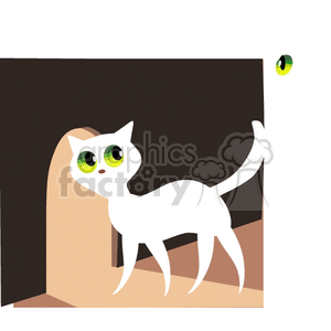 White cat with green eyes walking through a hole in the wall