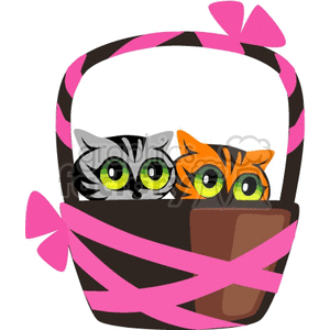 Two wide-eyed kittens in a basket wrapped in pink ribbon