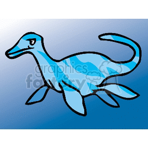 The clipart image depicts a stylized cartoon of a blue aquatic dinosaur, resembling a plesiosaur, with a cheerful expression, swimming in what appears to be water indicated by the blue background.