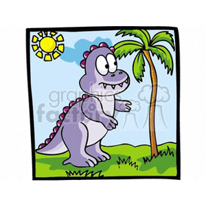 The clipart image features a cartoon representation of a friendly-looking dinosaur standing next to a palm tree. The dinosaur is purple with pink spines and a happy expression. There's a sun with rays in the top left corner, indicating it is a sunny day. The setting suggests a prehistoric or tropical scene with green grass underfoot.