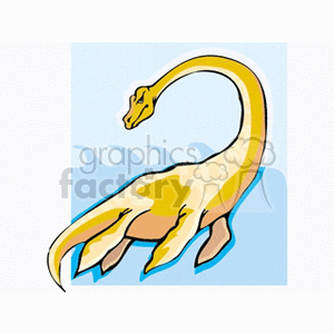 The clipart image shows a stylized cartoon of a long-necked dinosaur resembling a sauropod, a type of herbivorous dinosaur known for its enormous size and long neck and tail. The dinosaur is yellow with patches of a darker shade, suggesting perhaps textures or color patterns on its skin. It appears to be set against a light background with blue wavy lines that could represent water or sky.