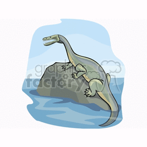 The clipart image features a cartoon representation of a dinosaur positioned on a rock surrounded by water. The dinosaur resembles a theropod, which is a group of bipedal dinosaurs, with its long tail, hind legs, and sharp teeth.