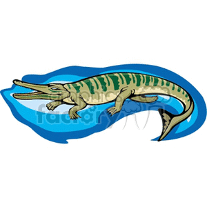 The clipart image depicts a stylized representation of a green and cream-colored dinosaur—with physical traits resembling a Mosasaurus—swimming in blue water. The dinosaur has a long, streamlined body, a long, narrow jaw with visible sharp teeth, and flippers suggesting an aquatic habitat.