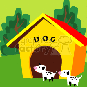 Two puppies in front of a a yellow dog house