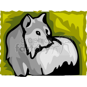 This image shows an abstract gray wolf. It is looking back at you over its body as if it has turned around. It has a green background that looks like leaves or grass 