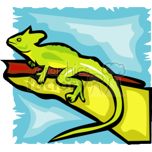 This is a colorful clipart image depicting a stylized green lizard with a crest on its head. The lizard is perched on a brown branch against a background that includes shades of blue, suggesting it might be the sky, and a large yellow leaf-shaped element. The image has bold outlines and a cartoon-like appearance, characteristic of digital clipart.