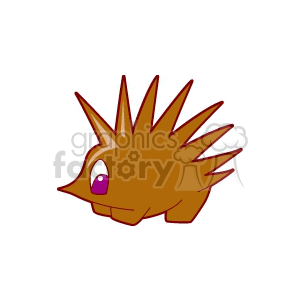 The clipart image shows a cartoon depiction of a porcupine in profile view. The porcupine has a body with brown coloring and a series of sharp, spiky quills that are typical of these animals. It features a small face with a visible eye and nose, giving it a friendly and approachable character.