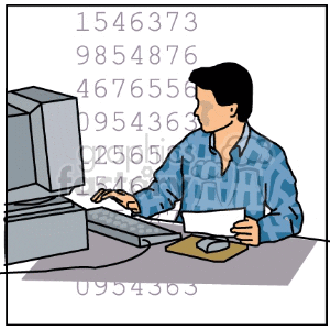 clipart - A Man Sitting at a Computer Crunching Numbers.