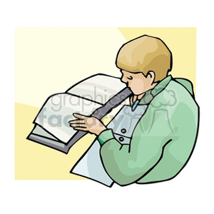 clipart - Cartoon students taking notes from a book.
