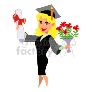 clipart - A Happy Graduate holding Flowers and her Diploma Wearing a Cap and Gown.