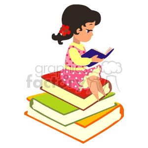 back to school learning students student reading books girl Clip Art Education little read reading study  flower hair textbooks stack 