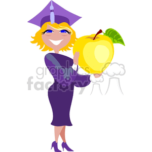 Cartoon student in a cap and gown holding an apple clipart.