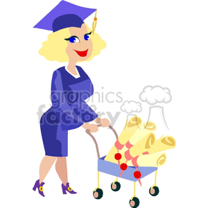 Cartoon student pushing diplomas in a cart