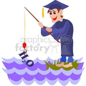 Cartoon student fishing in the water with a cap and gown clipart.