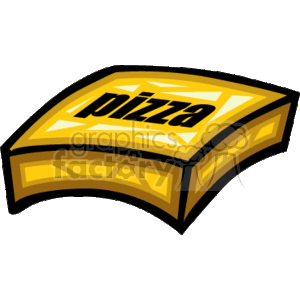The image depicts a cartoon-style illustration of a closed pizza box. The box is colored yellow with the word pizza in bold, capital letters on the top.