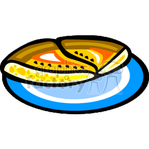 The clipart image depicts a stylized illustration of two slices of pizza with visible cheese and toppings, possibly including pepperoni or vegetables, placed on a blue plate or surface.