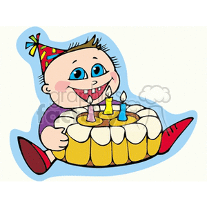 A little boy in a birthday hat sitting with his birthday cake clipart. Royalty-free image # 142599