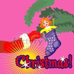 clipart - Stamp of Santa's Hand Reaching For a Doll in a Stocking.