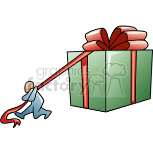 Large Green Gift with Red Bow and a Man Pulling on the Ribbon