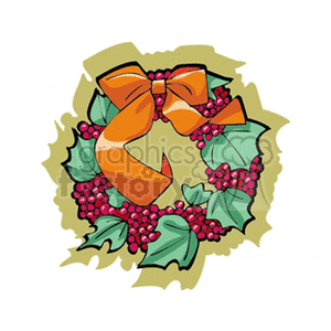 Holly Berry Wreath with an Orange Bow clipart.