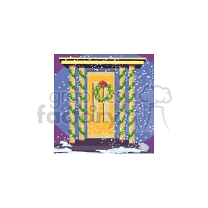 A Yellow Door Way Decorated For Christmas and it is Snowing clipart. Commercial use image # 142973