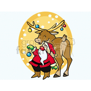 Santa Claus Decorating One of His Reindeer