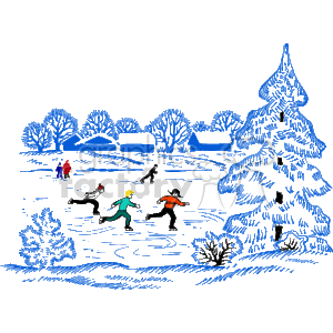 Children ice skating on a frozen pond clipart. Commercial use image # 143305