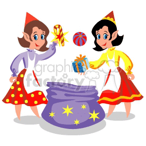 Girl Elves Filling Santa's Bag with Christmas Treats clipart. Commercial use image # 143465